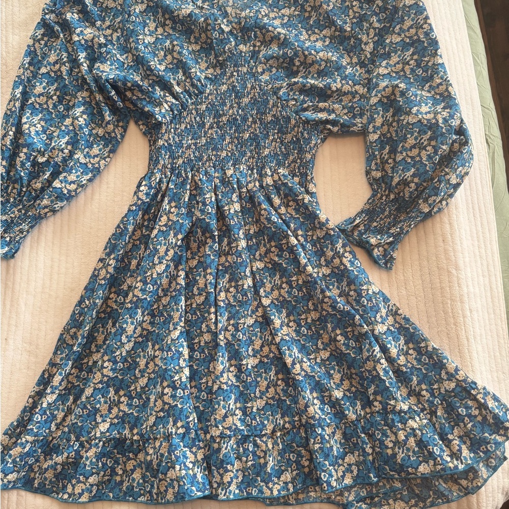 Floral Blue smocked waist boho cottagecore midi dress size large